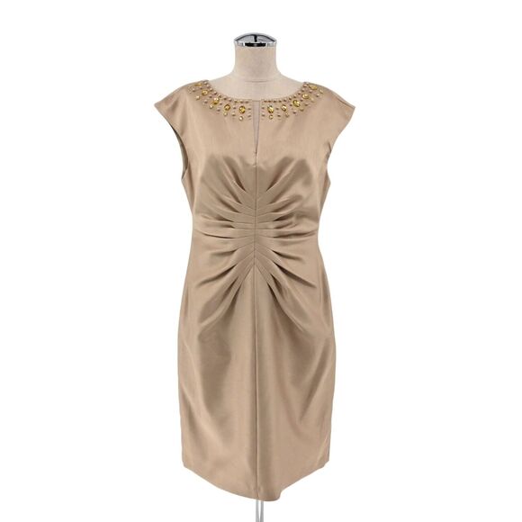 JESSICA HOWARD Dress Womens Sz 10 Champagne Pleated Rhinestone Sleeveless Sheath - Picture 1 of 12